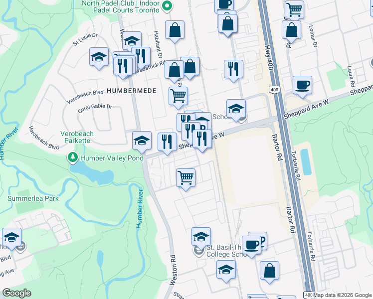 map of restaurants, bars, coffee shops, grocery stores, and more near 2315 Sheppard Avenue West in Toronto