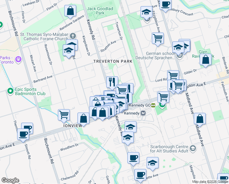 map of restaurants, bars, coffee shops, grocery stores, and more near in Toronto