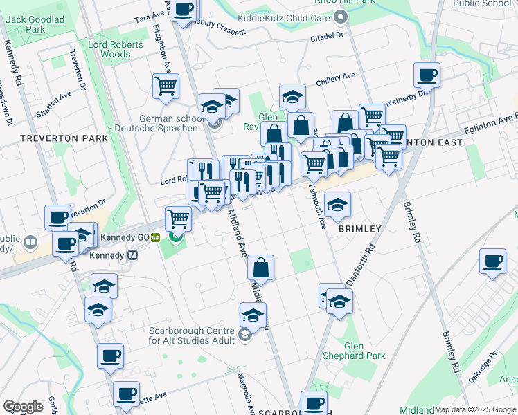 map of restaurants, bars, coffee shops, grocery stores, and more near 121 Commonwealth Avenue in Toronto