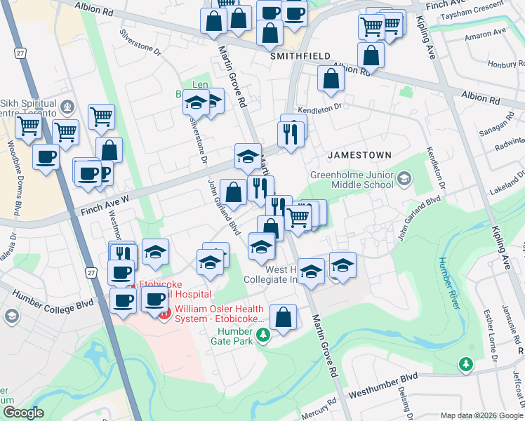 map of restaurants, bars, coffee shops, grocery stores, and more near 254 John Garland Boulevard in Toronto