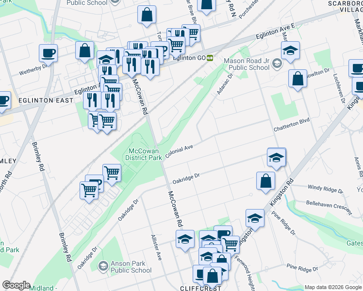 map of restaurants, bars, coffee shops, grocery stores, and more near 10 Colonial Avenue in Toronto
