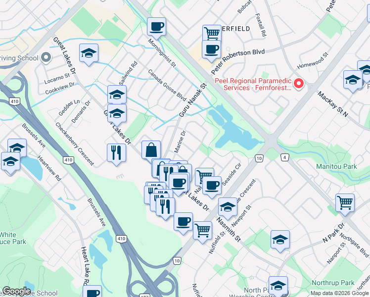 map of restaurants, bars, coffee shops, grocery stores, and more near 14 Ocean Avenue in Brampton