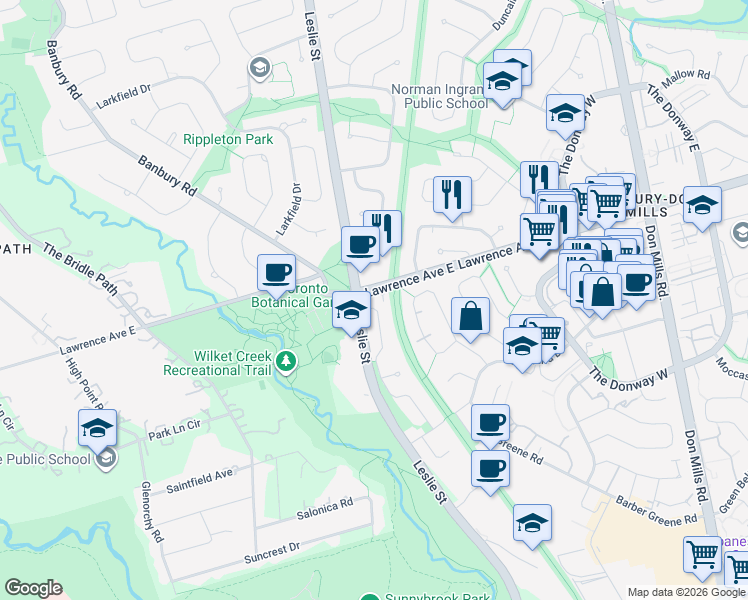 map of restaurants, bars, coffee shops, grocery stores, and more near 801 Lawrence Avenue East in Toronto