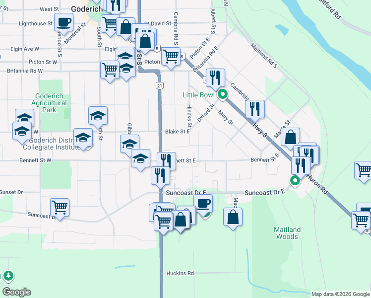 map of restaurants, bars, coffee shops, grocery stores, and more near 250 Hincks Street in Goderich
