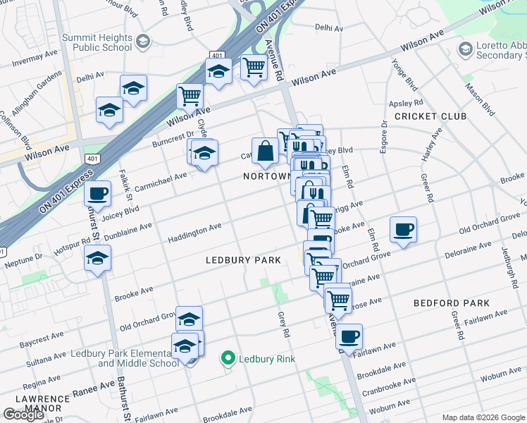 map of restaurants, bars, coffee shops, grocery stores, and more near Haddington Avenue in Toronto