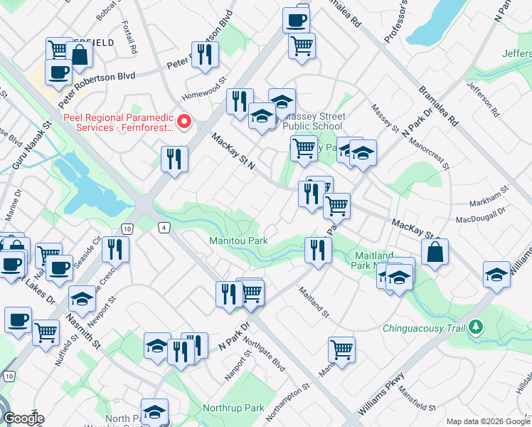map of restaurants, bars, coffee shops, grocery stores, and more near 30 Mayberry Court in Brampton