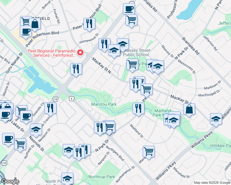 map of restaurants, bars, coffee shops, grocery stores, and more near 30 Mayberry Court in Brampton