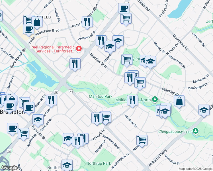 map of restaurants, bars, coffee shops, grocery stores, and more near 31 Ashton Crescent in Brampton