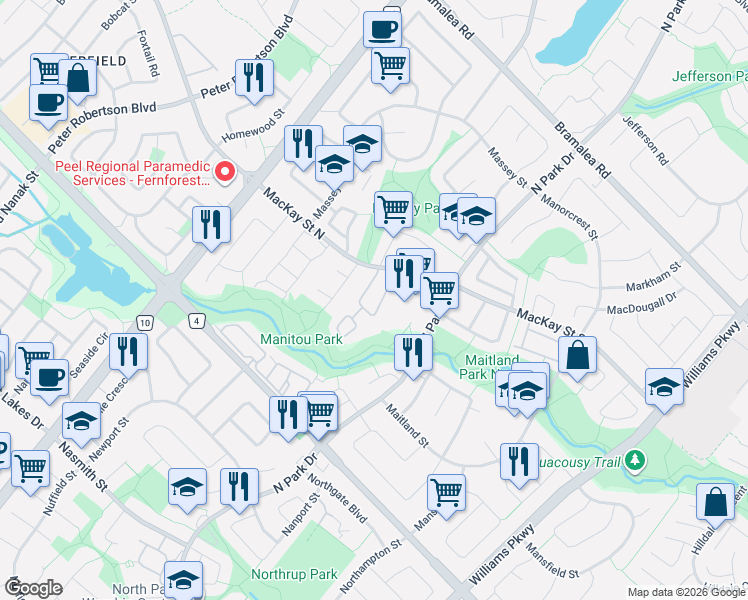 map of restaurants, bars, coffee shops, grocery stores, and more near 125 Ashton Crescent in Brampton