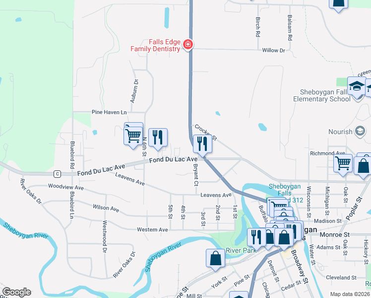 map of restaurants, bars, coffee shops, grocery stores, and more near 1049 Fond Du Lac Avenue in Sheboygan Falls