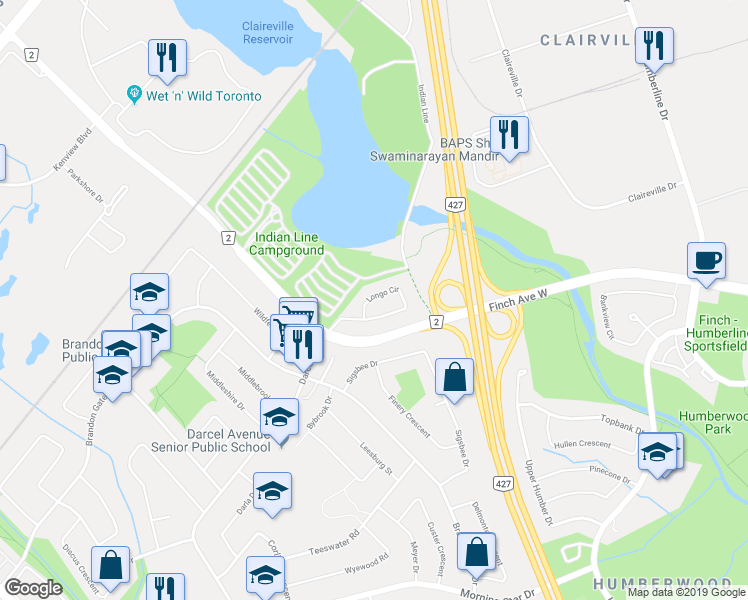 map of restaurants, bars, coffee shops, grocery stores, and more near 4085 Longo Circle in Mississauga