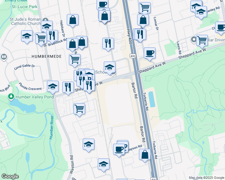 map of restaurants, bars, coffee shops, grocery stores, and more near 2243 Sheppard Avenue West in Toronto