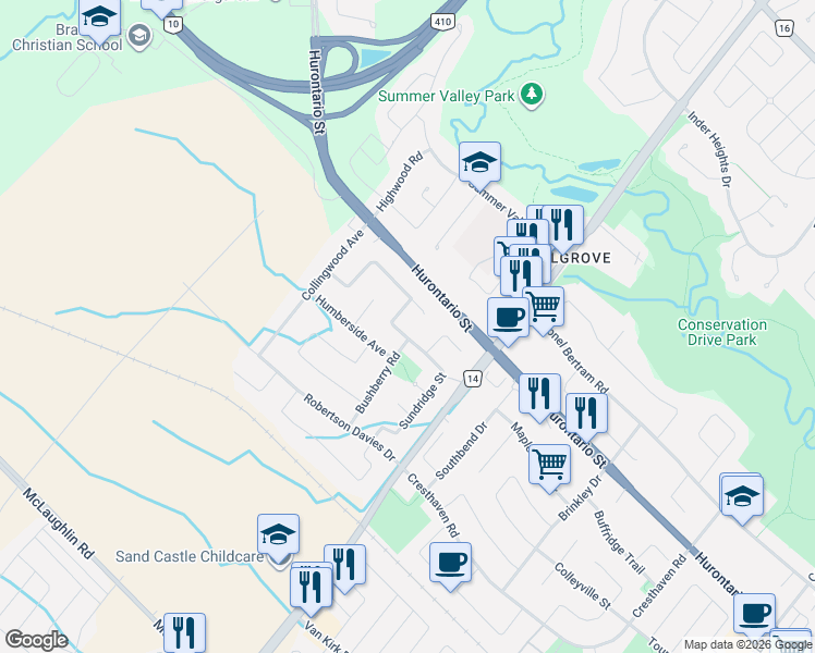map of restaurants, bars, coffee shops, grocery stores, and more near in Brampton