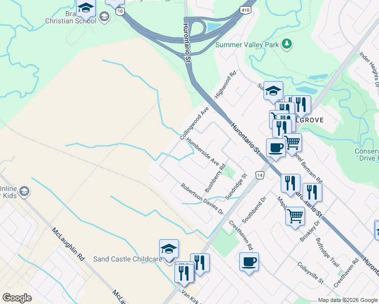 map of restaurants, bars, coffee shops, grocery stores, and more near 76 Baybrook Road in Brampton