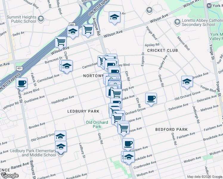 map of restaurants, bars, coffee shops, grocery stores, and more near 1970 Avenue Road in Toronto