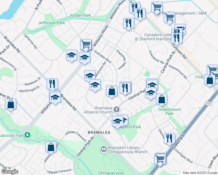 map of restaurants, bars, coffee shops, grocery stores, and more near 12 Greenhills Square in Brampton
