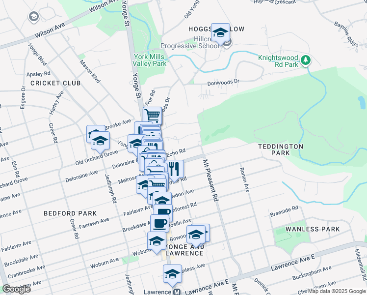 map of restaurants, bars, coffee shops, grocery stores, and more near 58 Glen Echo Road in Toronto