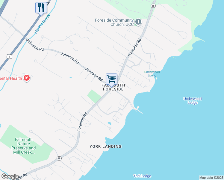 map of restaurants, bars, coffee shops, grocery stores, and more near 3 Town Landing Road in Falmouth