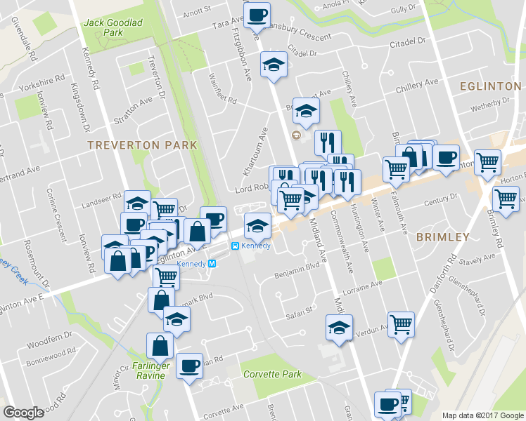 map of restaurants, bars, coffee shops, grocery stores, and more near 2466 Eglinton Avenue East in Toronto