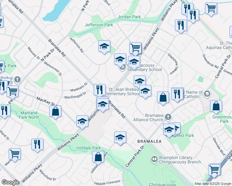 map of restaurants, bars, coffee shops, grocery stores, and more near 70 Griselda Crescent in Brampton