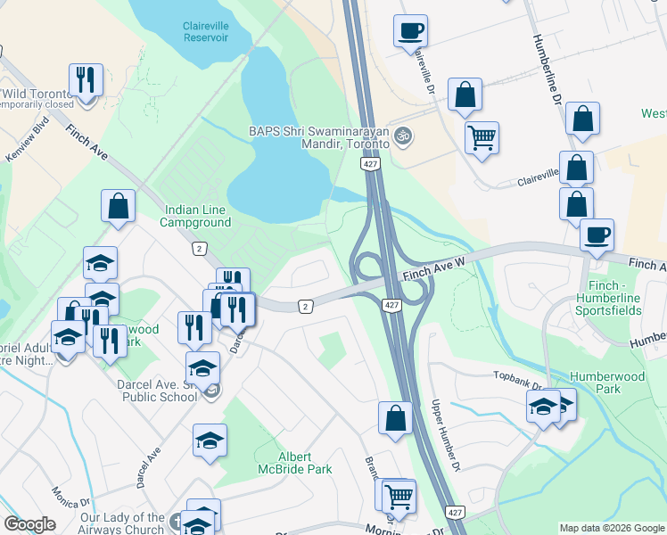 map of restaurants, bars, coffee shops, grocery stores, and more near 3998 Longo Circle in Mississauga