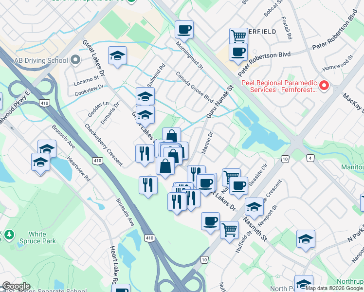 map of restaurants, bars, coffee shops, grocery stores, and more near 67 Blue Whale Boulevard in Brampton