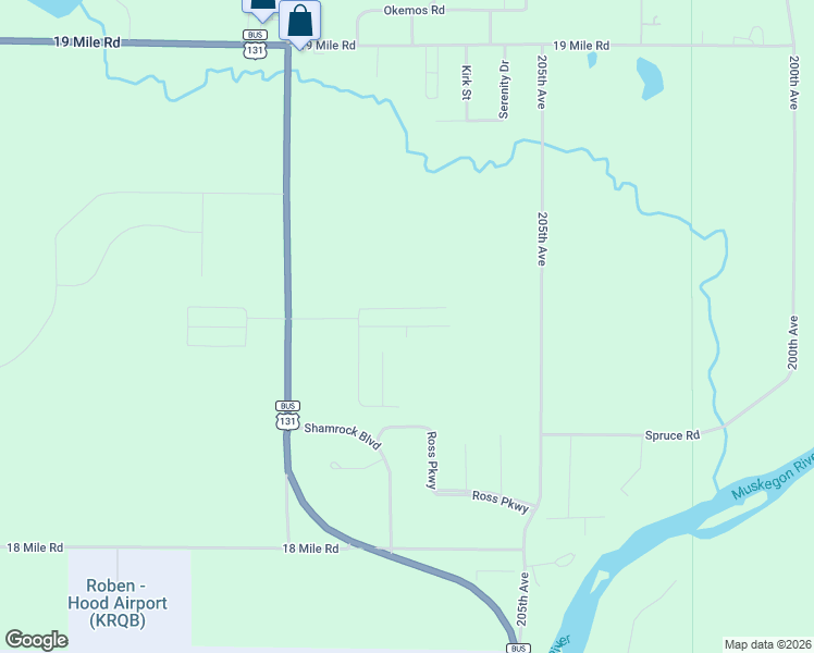 map of restaurants, bars, coffee shops, grocery stores, and more near Muskegon Avenue in Mecosta County