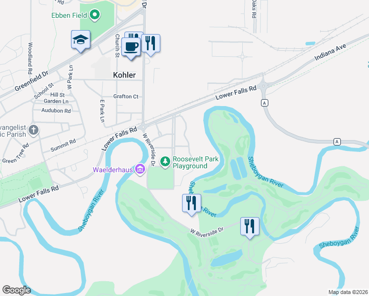 map of restaurants, bars, coffee shops, grocery stores, and more near 628 Roosevelt Road in Kohler