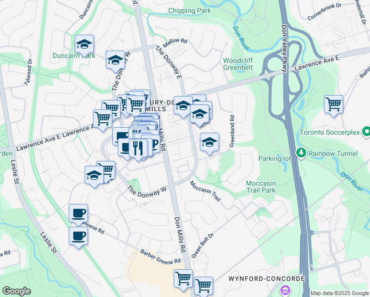 map of restaurants, bars, coffee shops, grocery stores, and more near 8 The Donway East in Toronto
