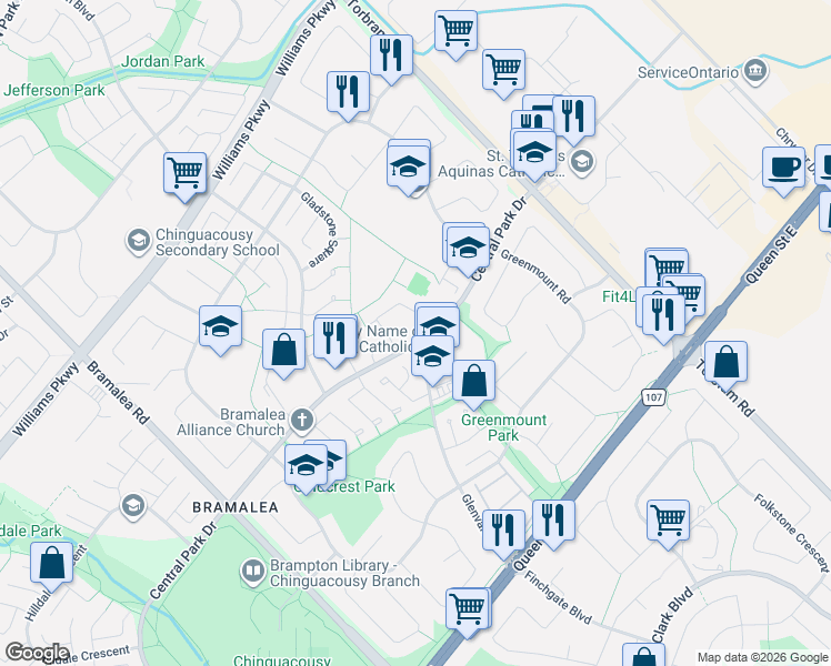 map of restaurants, bars, coffee shops, grocery stores, and more near 1020 Central Park Drive in Brampton