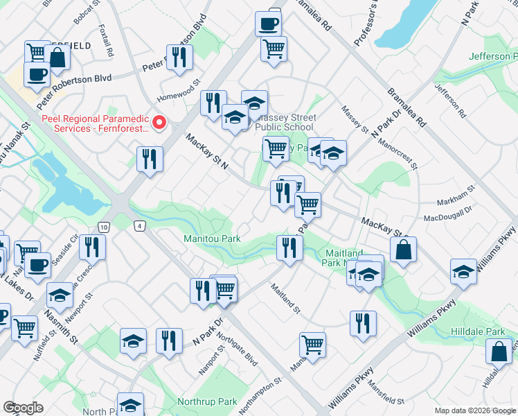 map of restaurants, bars, coffee shops, grocery stores, and more near 137 Ashton Crescent in Brampton