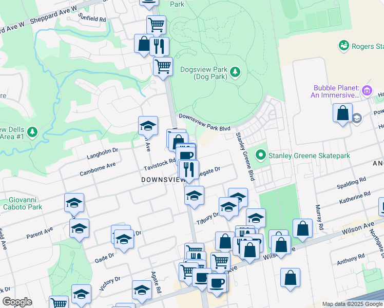 map of restaurants, bars, coffee shops, grocery stores, and more near in Toronto