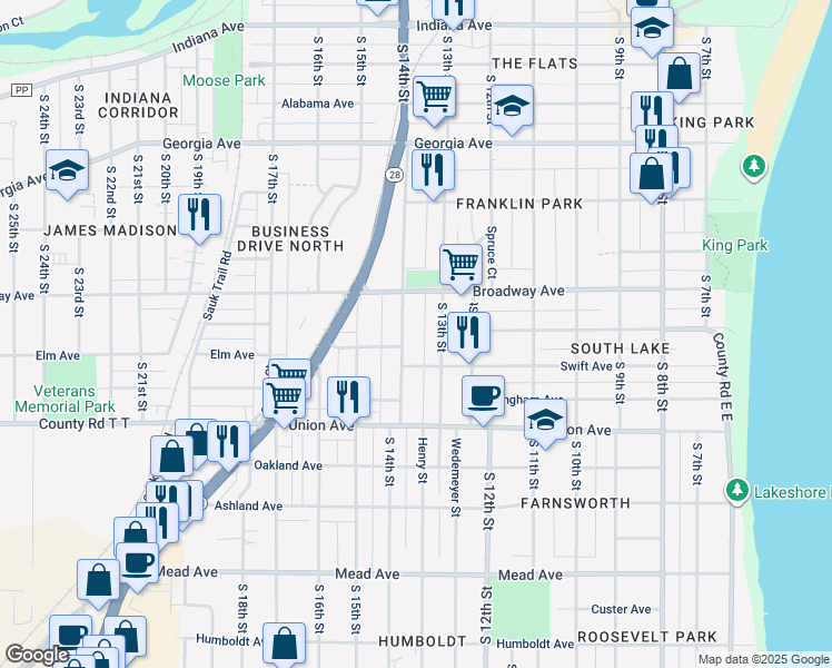 map of restaurants, bars, coffee shops, grocery stores, and more near 1813 South 14th Street in Sheboygan