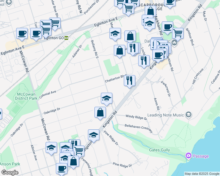 map of restaurants, bars, coffee shops, grocery stores, and more near 21 Bellamy Road South in Toronto