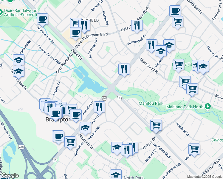 map of restaurants, bars, coffee shops, grocery stores, and more near Bovaird Drive East in Brampton