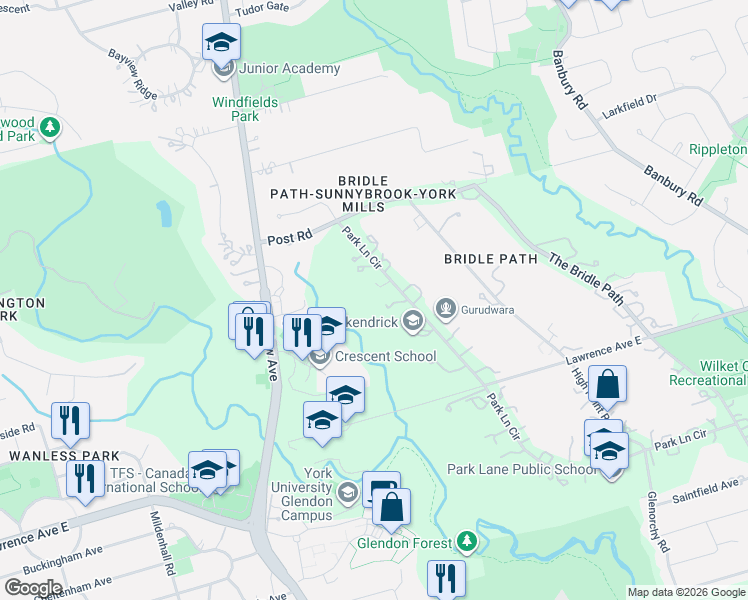 map of restaurants, bars, coffee shops, grocery stores, and more near 14 Park Lane Circle in Toronto