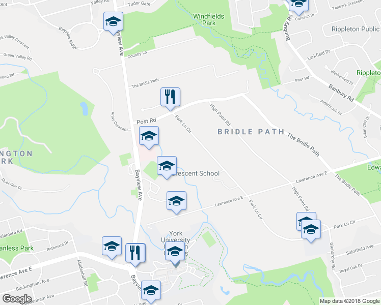 map of restaurants, bars, coffee shops, grocery stores, and more near 14 Park Lane Circle in Toronto
