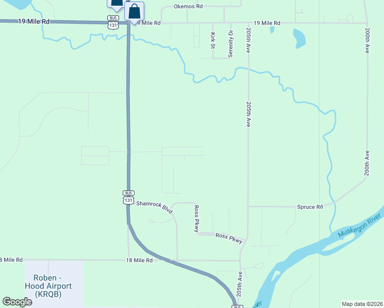map of restaurants, bars, coffee shops, grocery stores, and more near 18421 Muskegon Avenue in Big Rapids