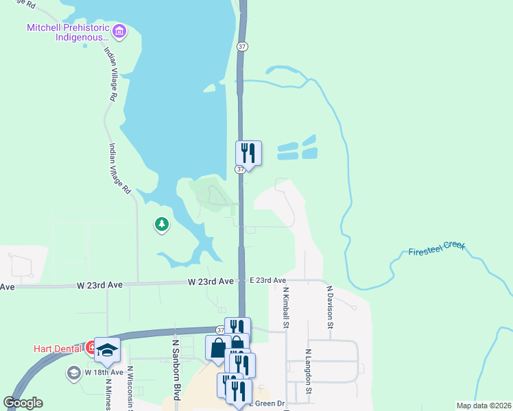 map of restaurants, bars, coffee shops, grocery stores, and more near 101-199 Lakeview Lane in Mitchell