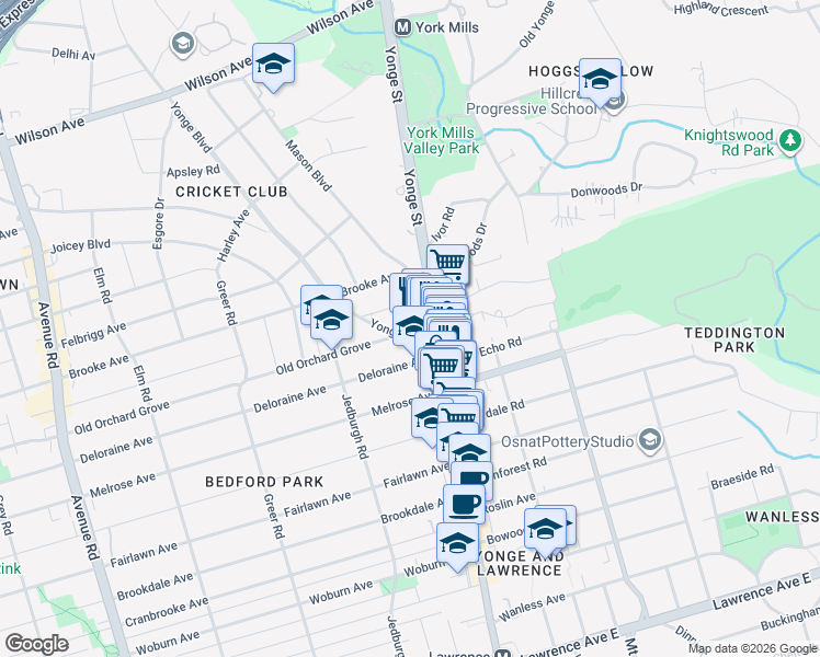 map of restaurants, bars, coffee shops, grocery stores, and more near 18 Yonge Boulevard in Toronto