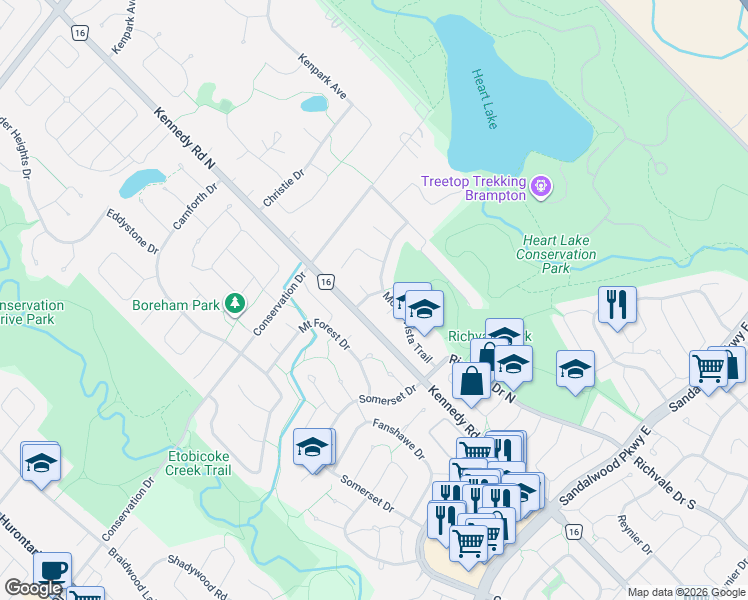 map of restaurants, bars, coffee shops, grocery stores, and more near 8 Windham Place in Brampton