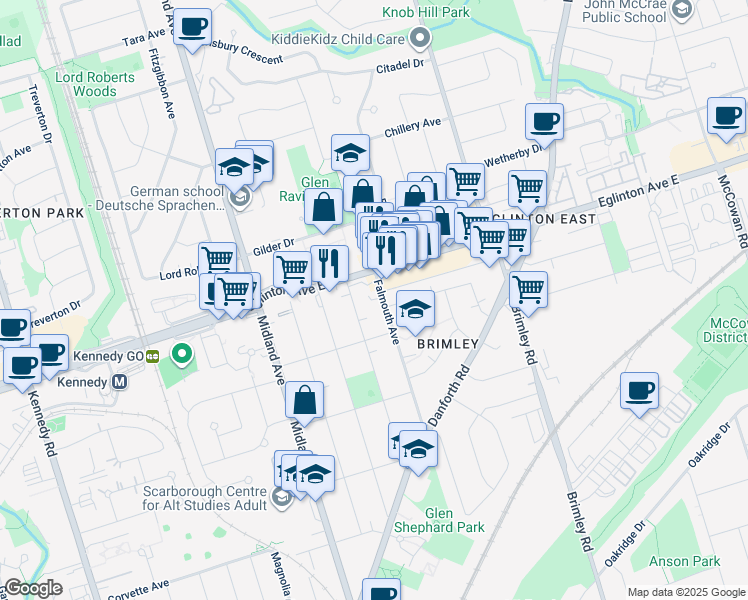 map of restaurants, bars, coffee shops, grocery stores, and more near 64 Falmouth Avenue in Toronto