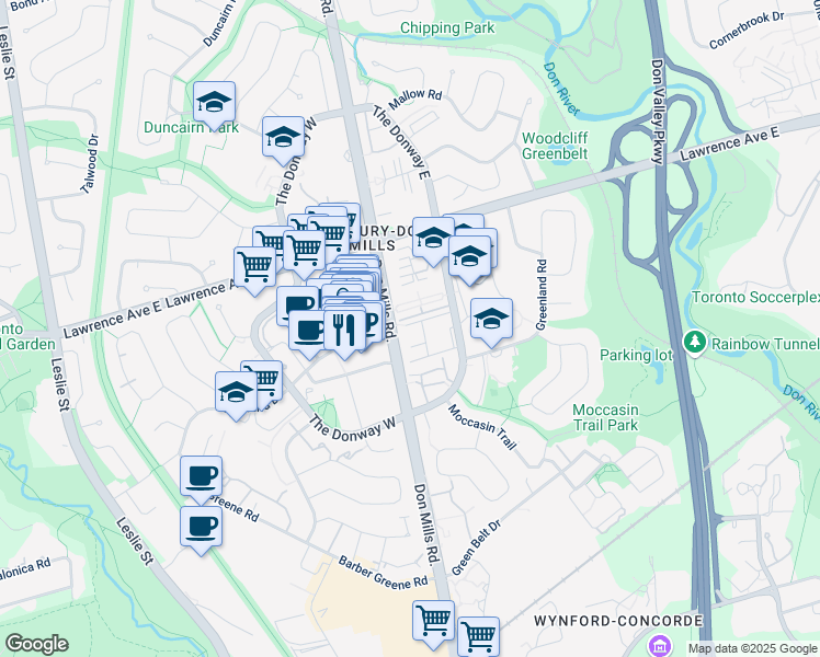 map of restaurants, bars, coffee shops, grocery stores, and more near 1059 Don Mills Road in Toronto