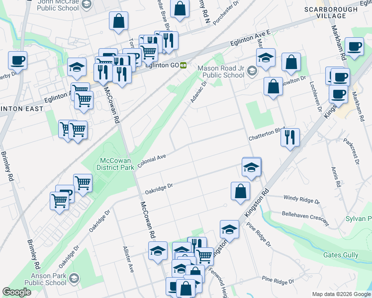 map of restaurants, bars, coffee shops, grocery stores, and more near 43 Colonial Avenue in Toronto