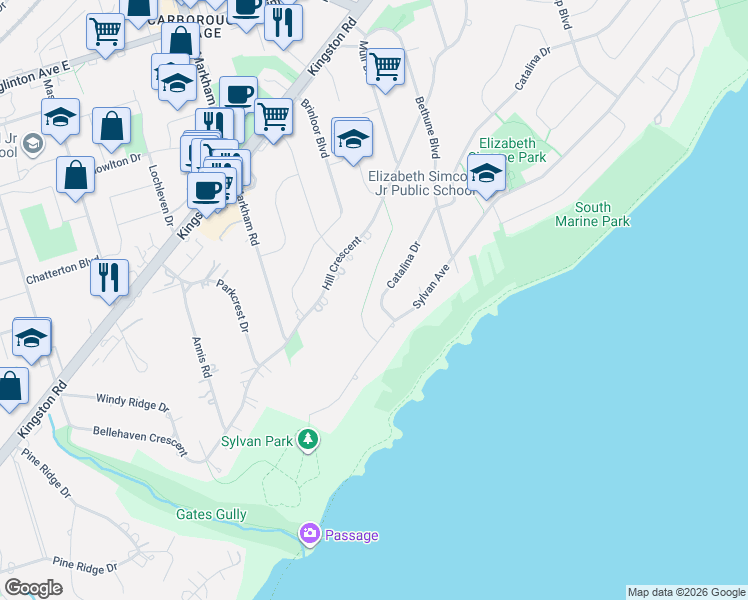 map of restaurants, bars, coffee shops, grocery stores, and more near 10 Catalina Drive in Toronto