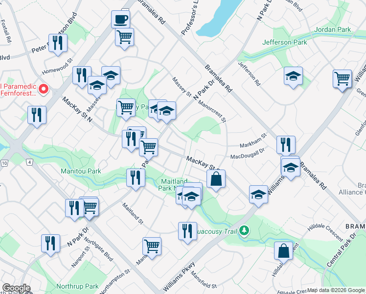 map of restaurants, bars, coffee shops, grocery stores, and more near 2 Malabar Crescent in Brampton