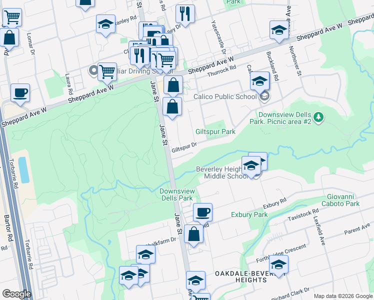 map of restaurants, bars, coffee shops, grocery stores, and more near 29 Giltspur Drive in Toronto