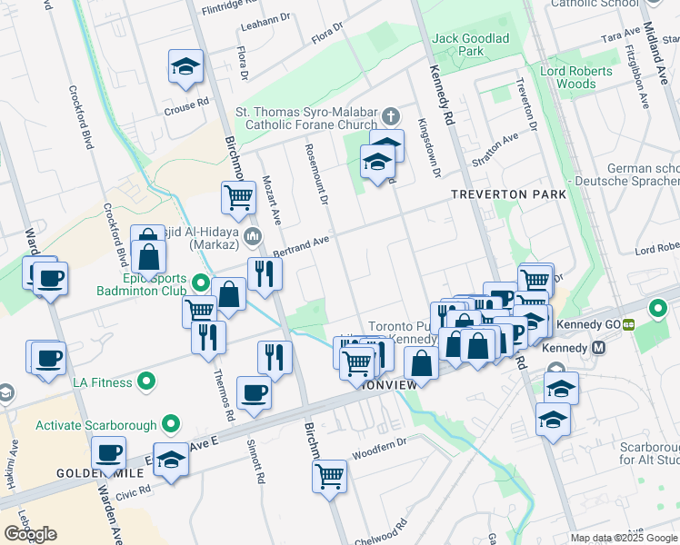 map of restaurants, bars, coffee shops, grocery stores, and more near 48 Rosemount Drive in Toronto