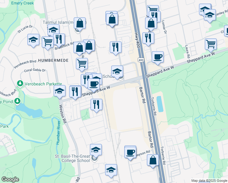 map of restaurants, bars, coffee shops, grocery stores, and more near 2243 Sheppard Avenue West in Toronto