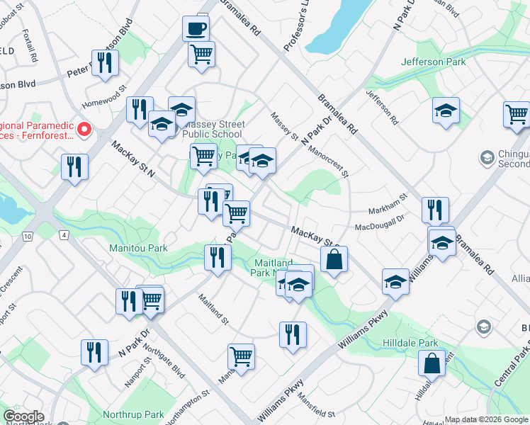 map of restaurants, bars, coffee shops, grocery stores, and more near in Brampton